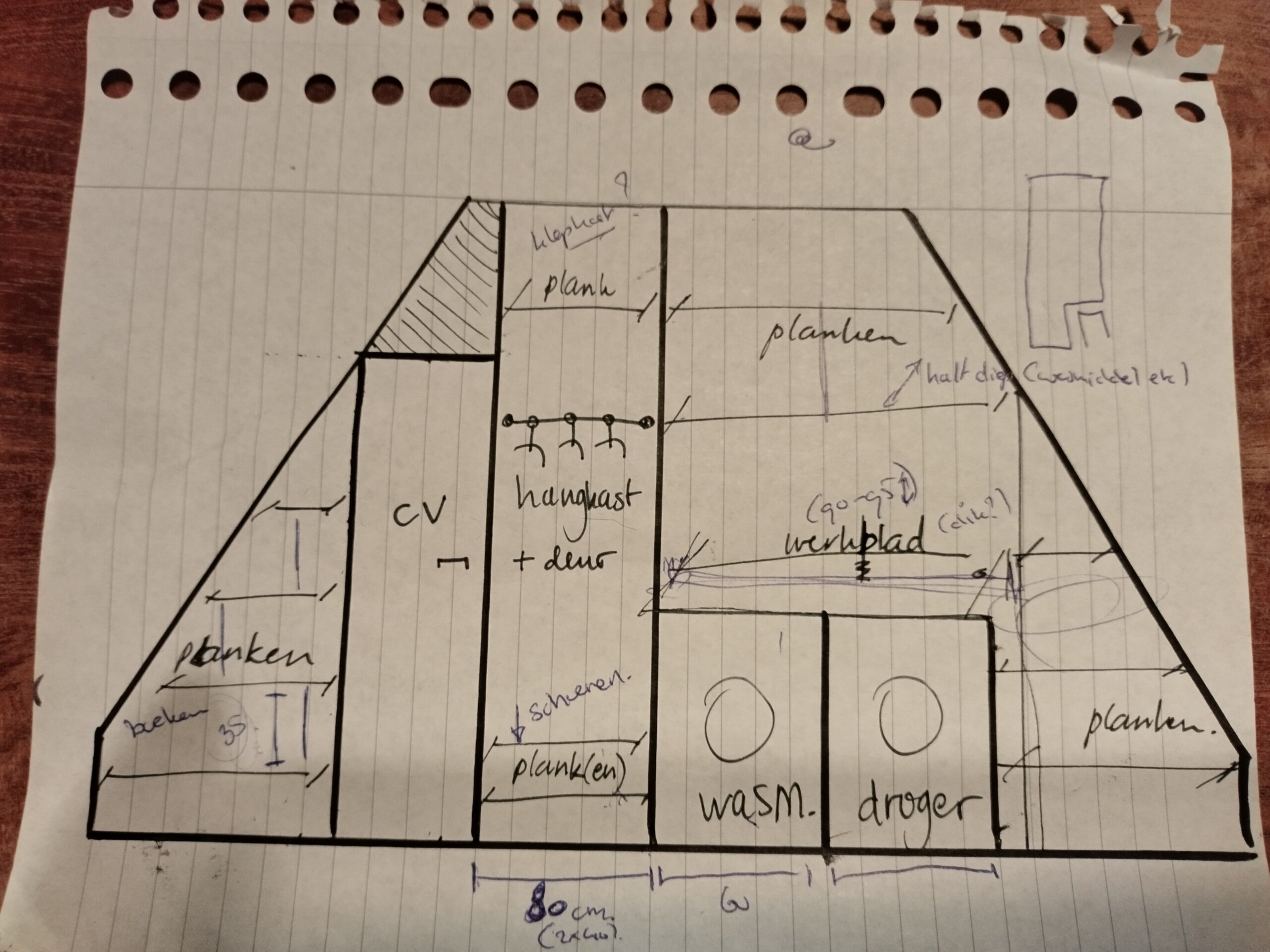 Schets zolderkast aangeleverd aan meubelmaker in Amersfoort