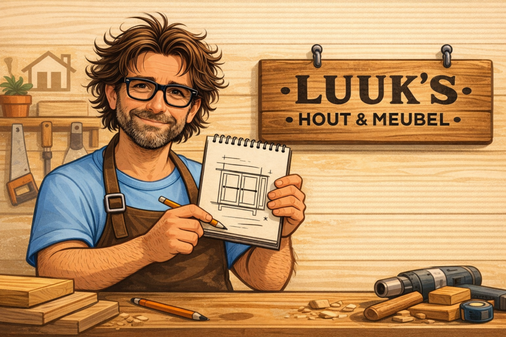 Luuk Hunink in zijn werkplaats werkend aan een schets van een nieuw maatwerk meubel voor een klant in regio Amersfoort